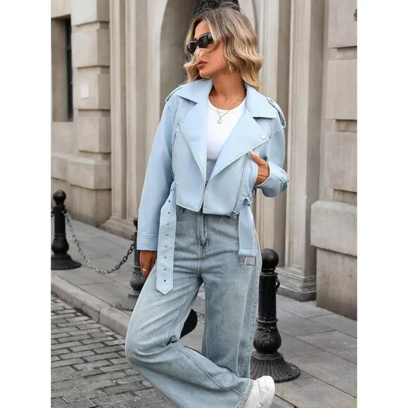 Women's Blue Faux Leather Cropped Jacket Vegan Motor Biker Coat with Belt